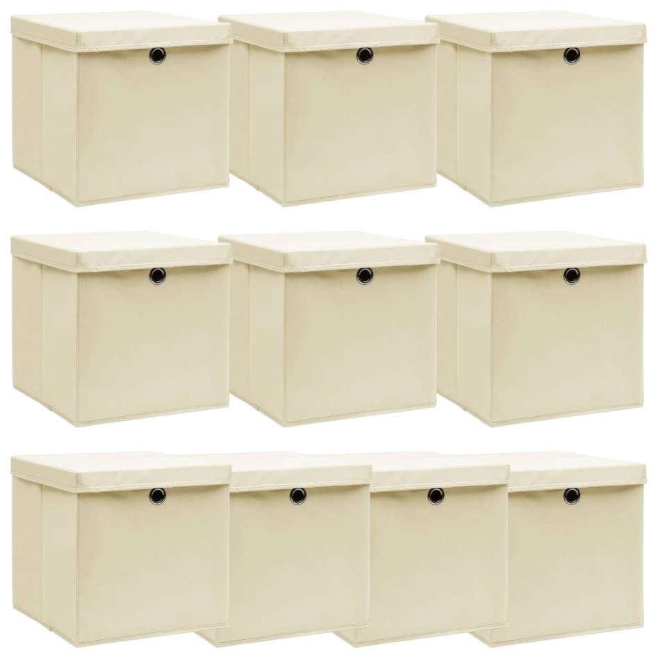 Cajas de almacenaje con tapas 10 uds tela crema 32x32x32