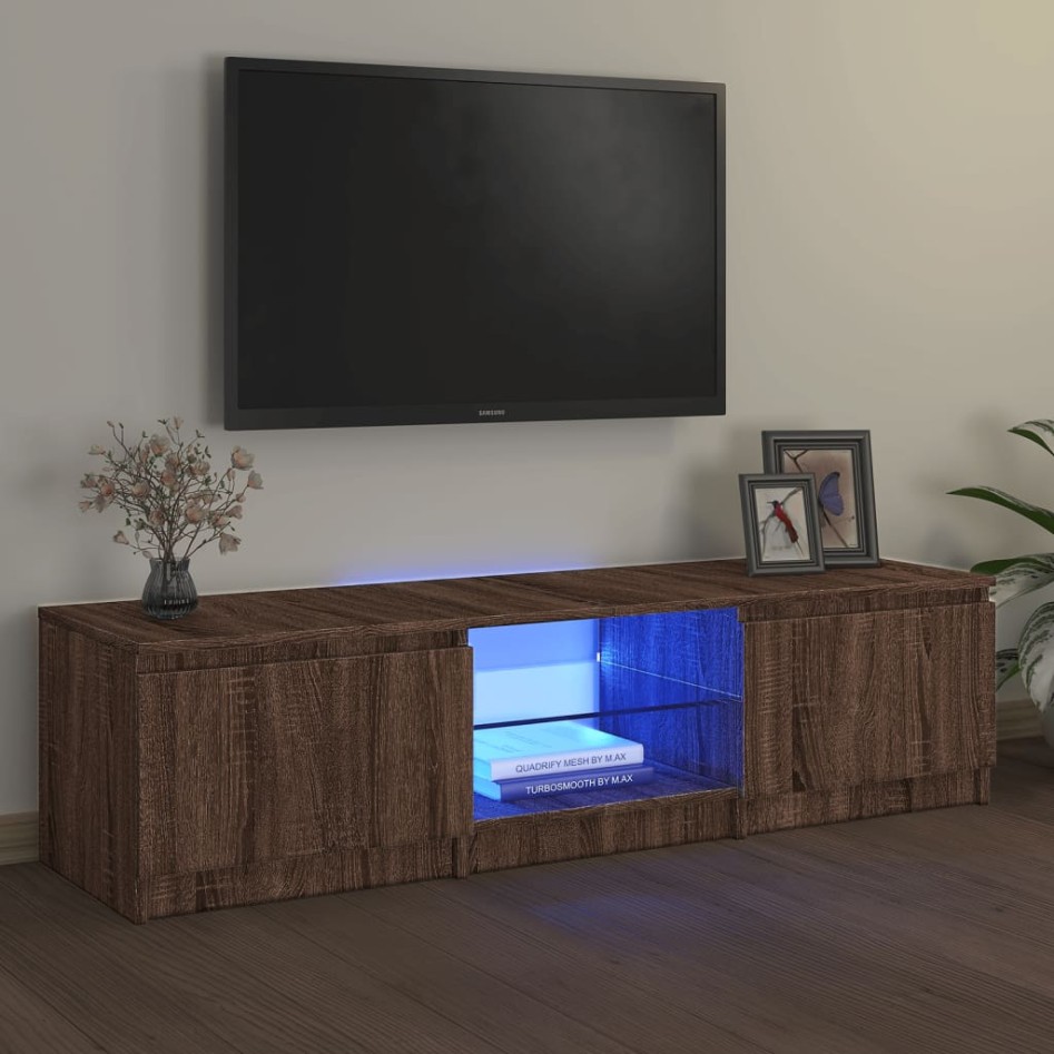 Mueble de TV con luces LED marrón roble 140x40x35,5