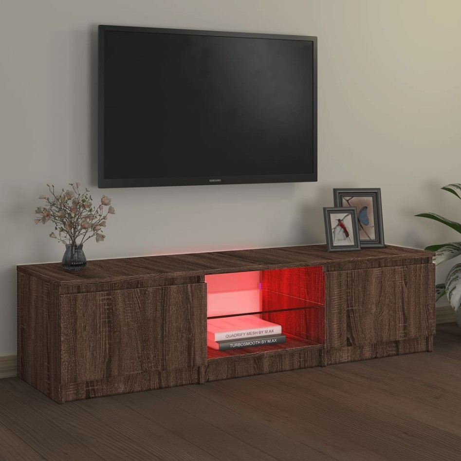 Mueble de TV con luces LED marrón roble 140x40x35,5