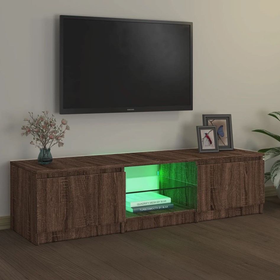 Mueble de TV con luces LED marrón roble 140x40x35,5
