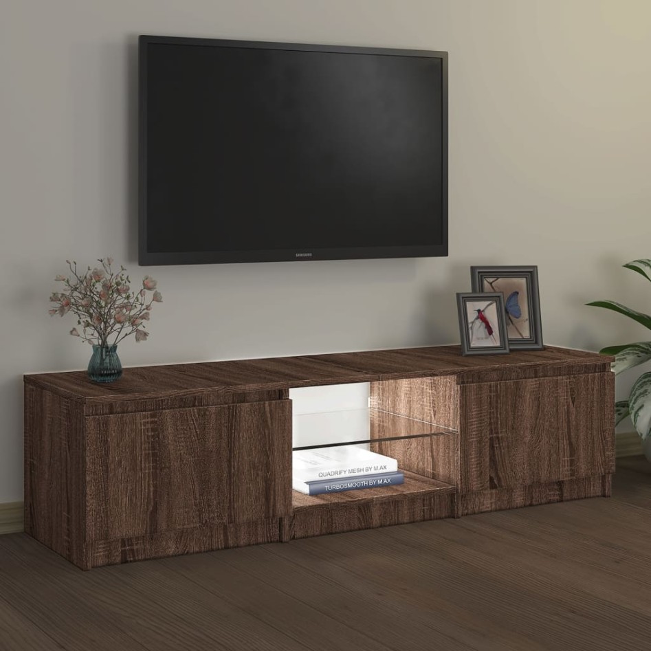 Mueble de TV con luces LED marrón roble 140x40x35,5