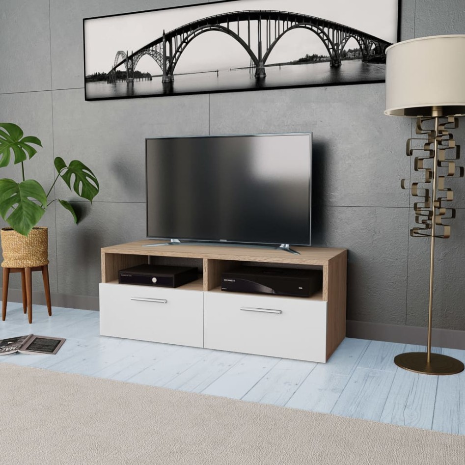 Mueble de TV madera de ingeniería roble y blanco 95x35x36
