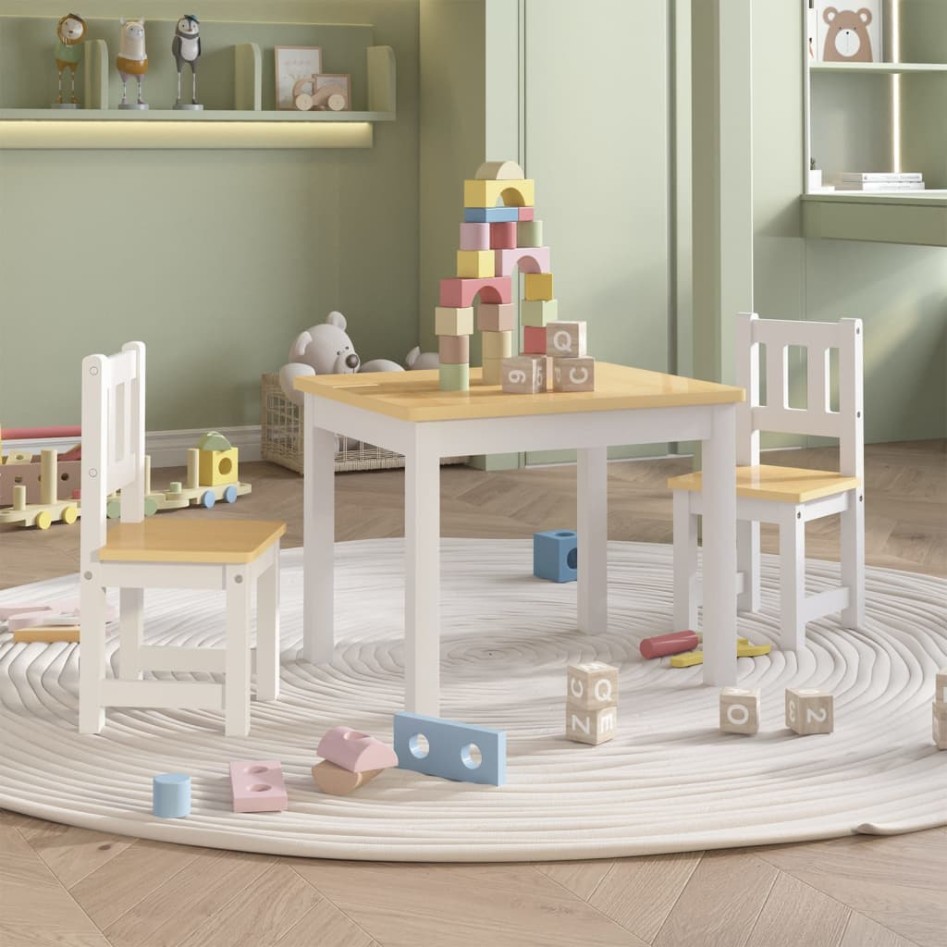 Mesa y silla infantil 3 pzas MDF blanco y