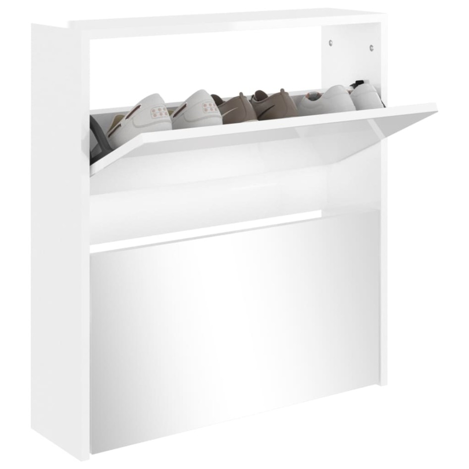 Mueble zapatero con espejo 2 niveles blanco brillo 63x17x67
