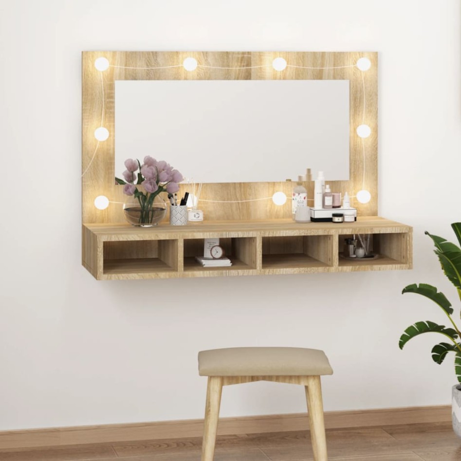 Mueble con espejo y luces LED color roble Sonoma 90x31,5x62