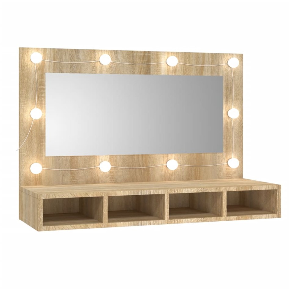 Mueble con espejo y luces LED color roble Sonoma 90x31,5x62