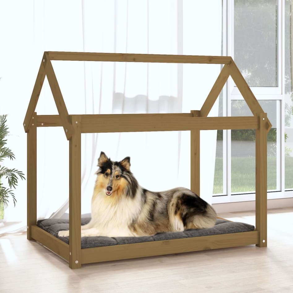 Cama para perros madera maciza pino marrón miel 101x70x90