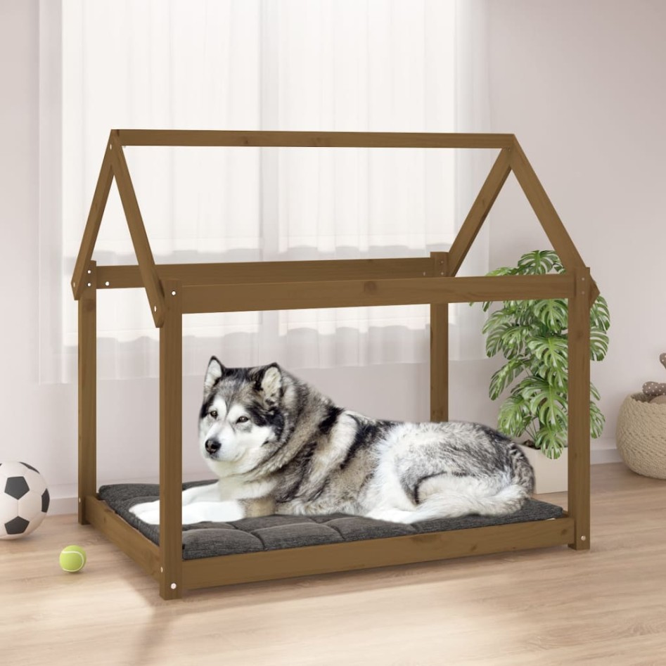 Cama para perros madera maciza pino marrón miel 111x80x100