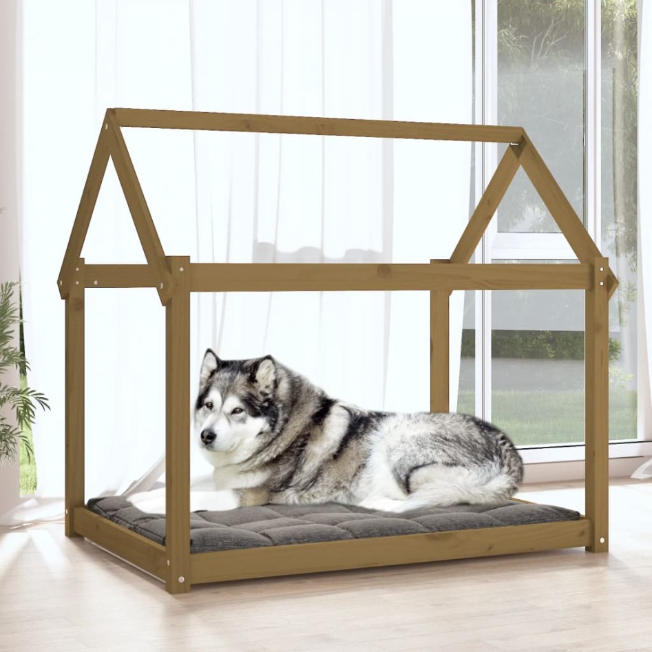 Cama para perros madera maciza pino marrón miel 111x80x100