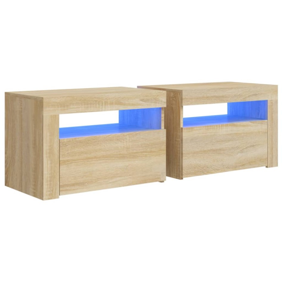 Mesitas de noche con luces LEDs 2 uds roble Sonoma 60x35x40