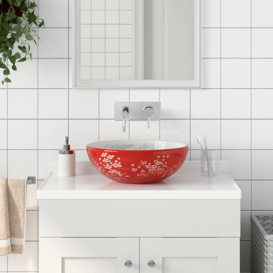 Lavabo sobre encimera redondo cerámica blanco y rojo Φ41x14