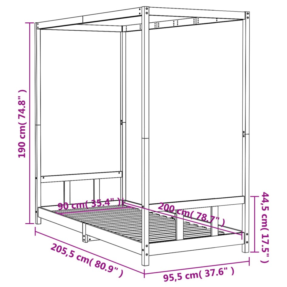 Estructura de cama para niños madera maciza de pino 90x200