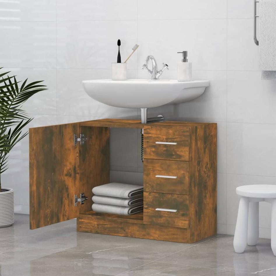 Mueble de lavabo madera contrachapada roble ahumado 63x30x54