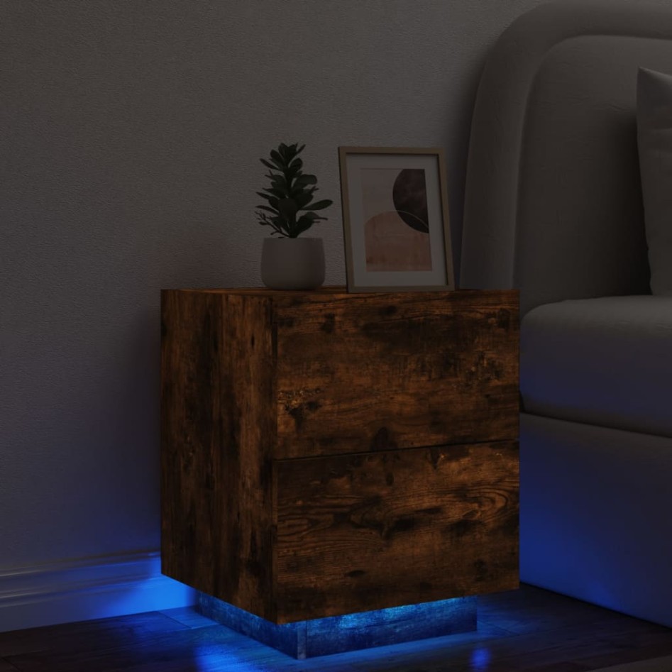 Mesita de noche con luces LED madera ingeniería roble