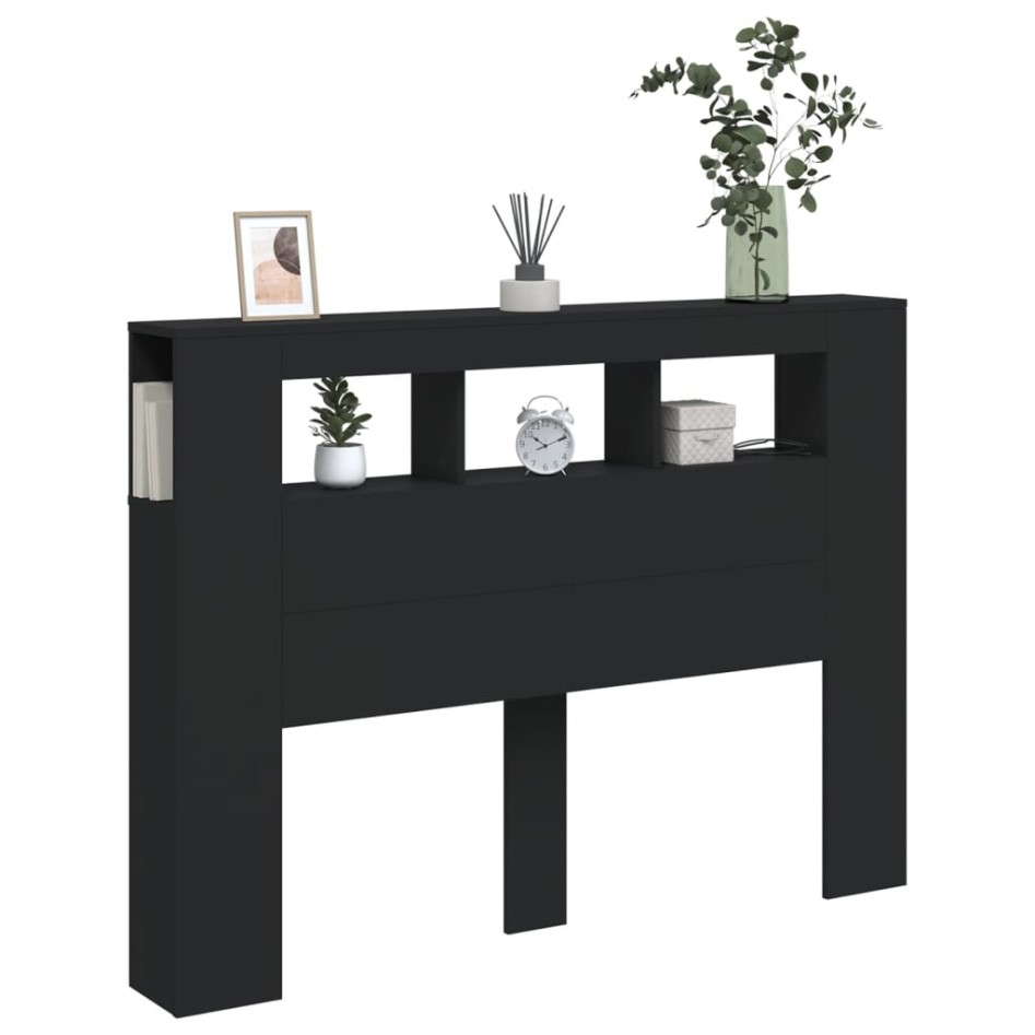 Cabecero con LED madera de ingeniería negro 140x18,5x103,5