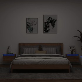 Mesitas de noche de pared con luces LED 2 unidades roble