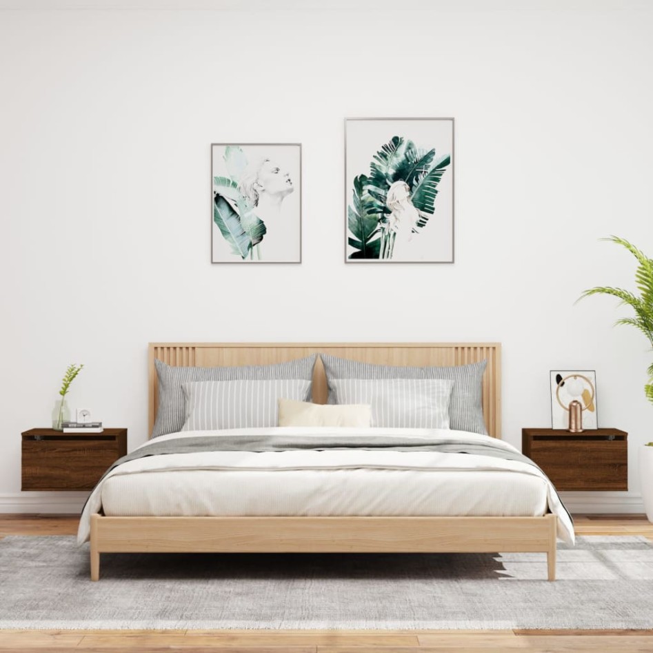 Mesitas de noche de pared con luces LED 2 unidades roble