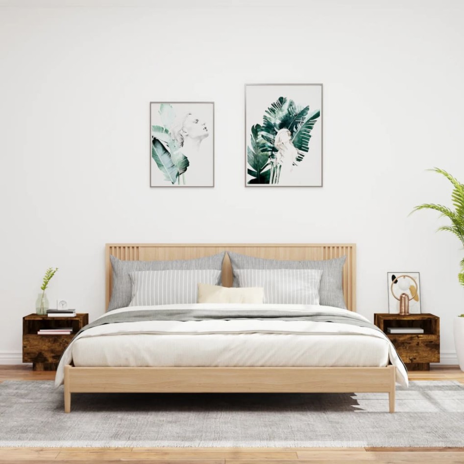 Mesitas de noche con luces LED 2 uds roble ahumado 40x39x37