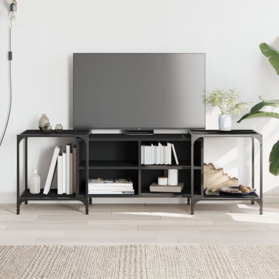 Mueble de TV de madera de ingeniería negro 153x37x50