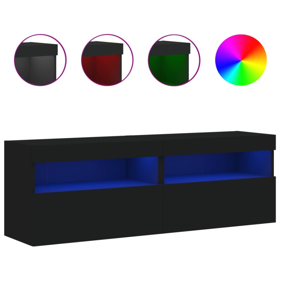 Muebles de TV de pared con luces LED 2 uds negro 60x30x40