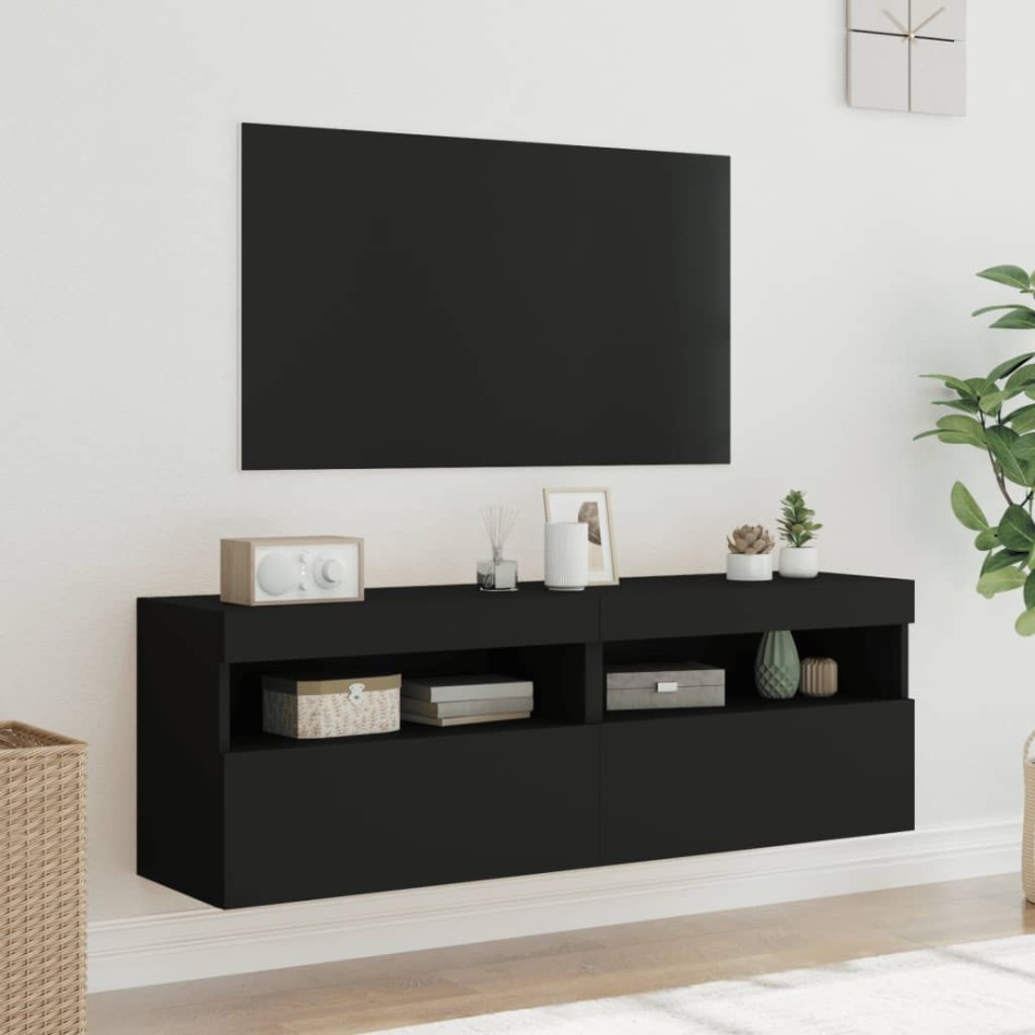 Muebles de TV de pared con luces LED 2 uds negro 60x30x40