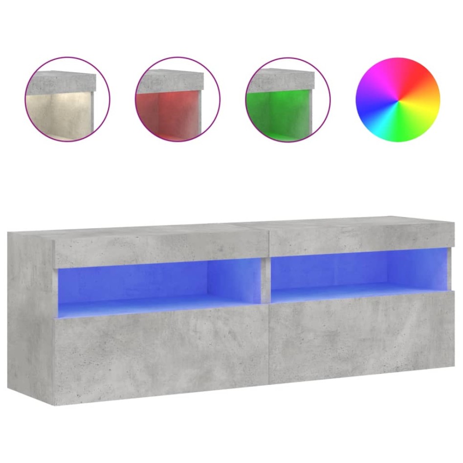 Muebles TV de pared luces LED 2 uds gris hormigón 60x30x40
