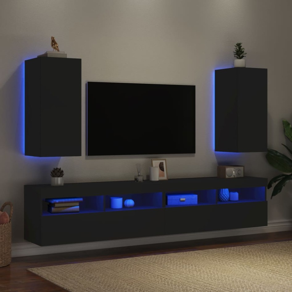 Muebles de TV de pared con luces LED 2 uds negro 30,5x35x70