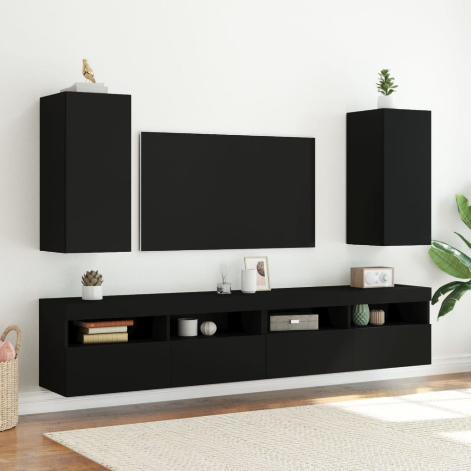Muebles de TV de pared con luces LED 2 uds negro 30,5x35x70