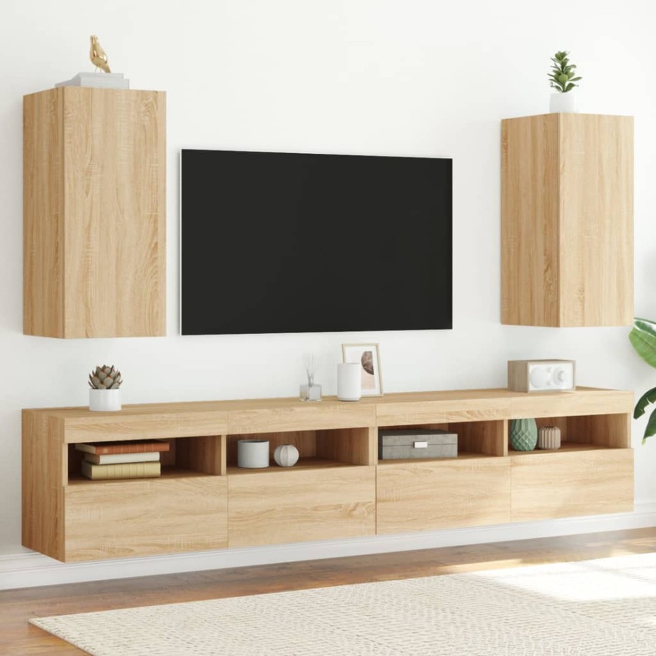 Muebles de TV pared luces LED 2 uds roble Sonoma 30,5x35x70