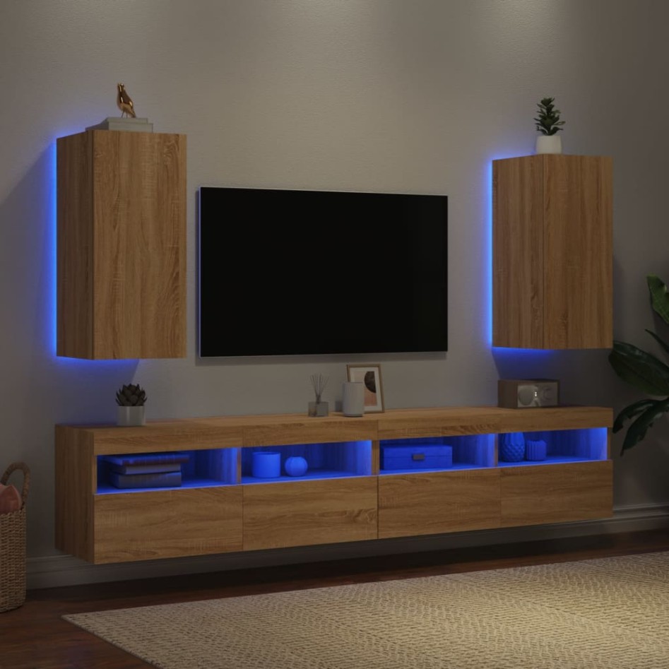 Muebles de TV pared luces LED 2 uds roble Sonoma 30,5x35x70