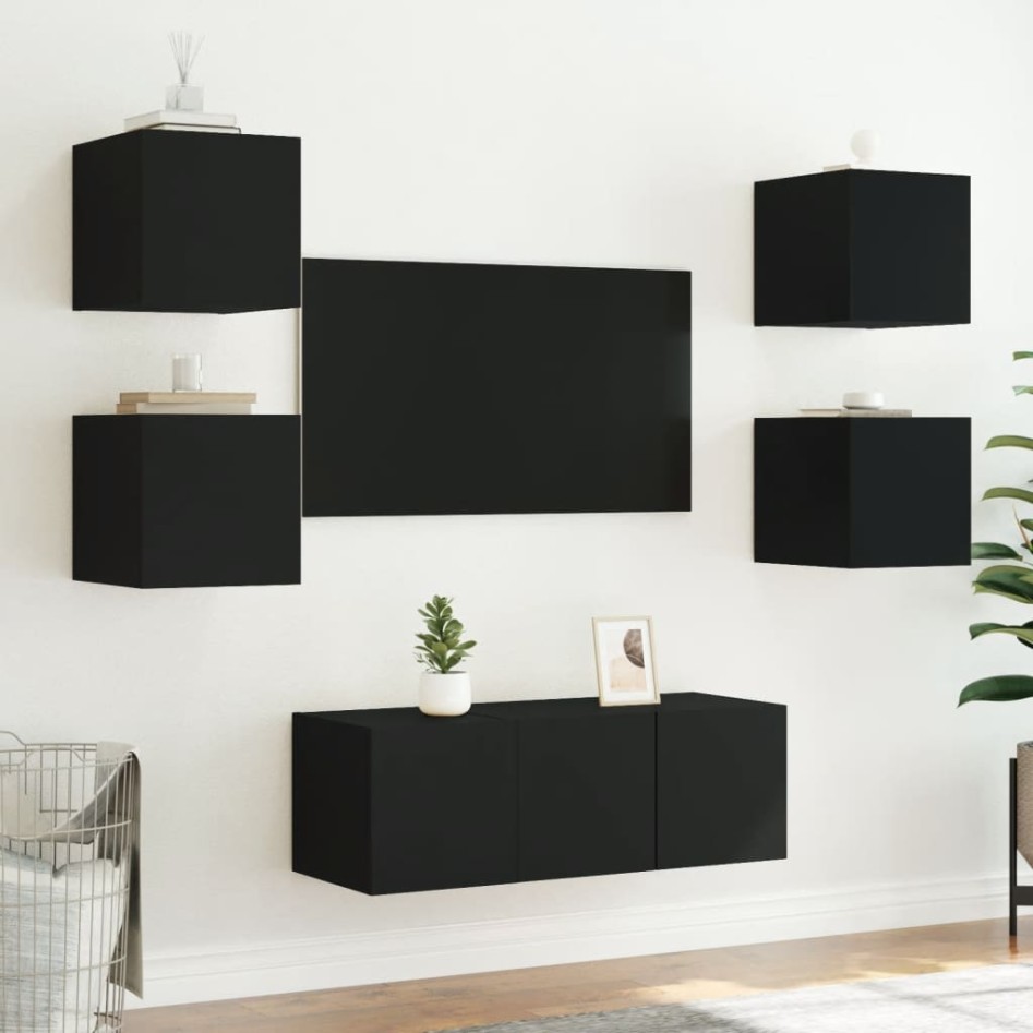 Muebles de TV de pared con luces LED 2 uds negro 30,5x35x30