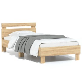 Estructura de cama cabecero luces LED roble Sonoma 75x190