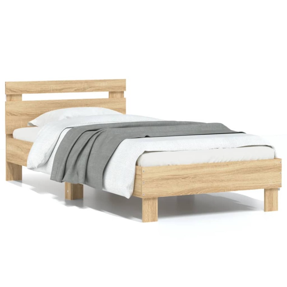 Estructura de cama cabecero luces LED roble Sonoma 75x190
