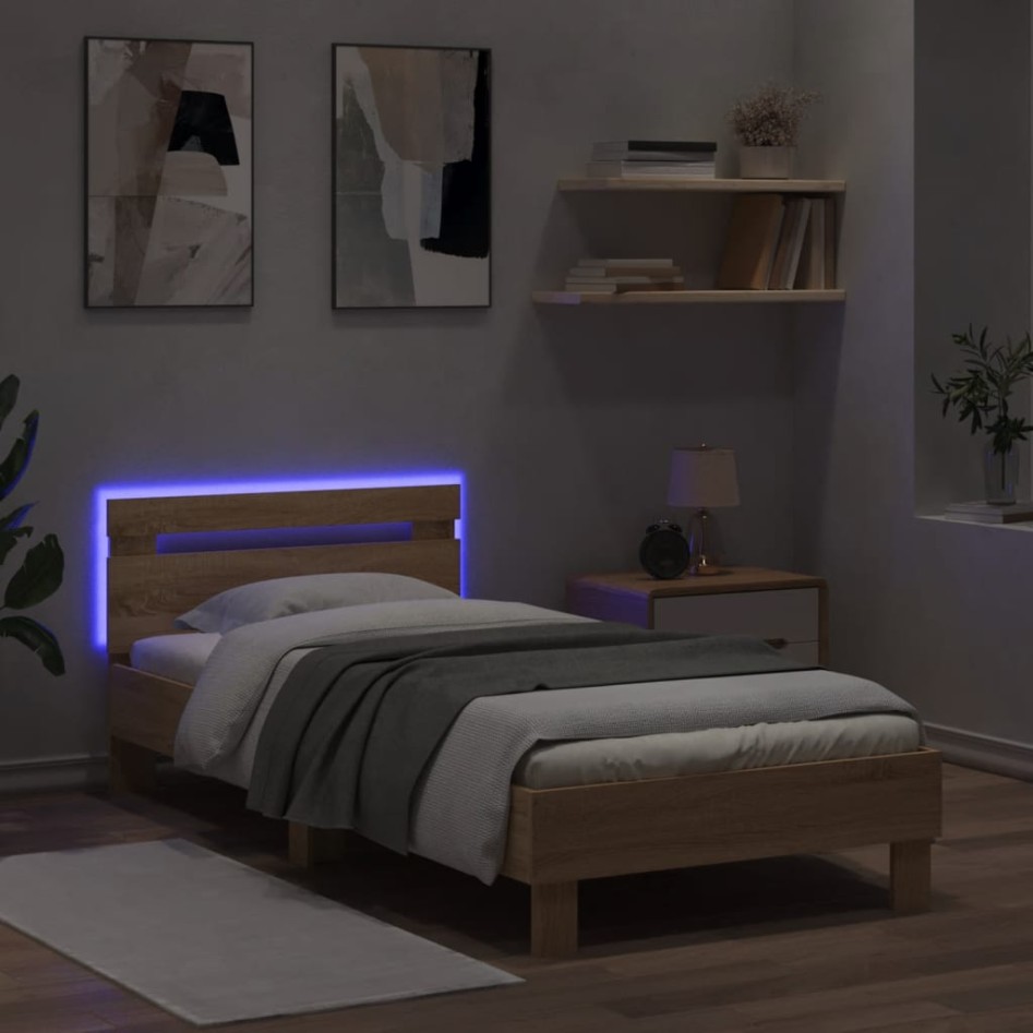 Estructura de cama cabecero luces LED roble Sonoma 75x190