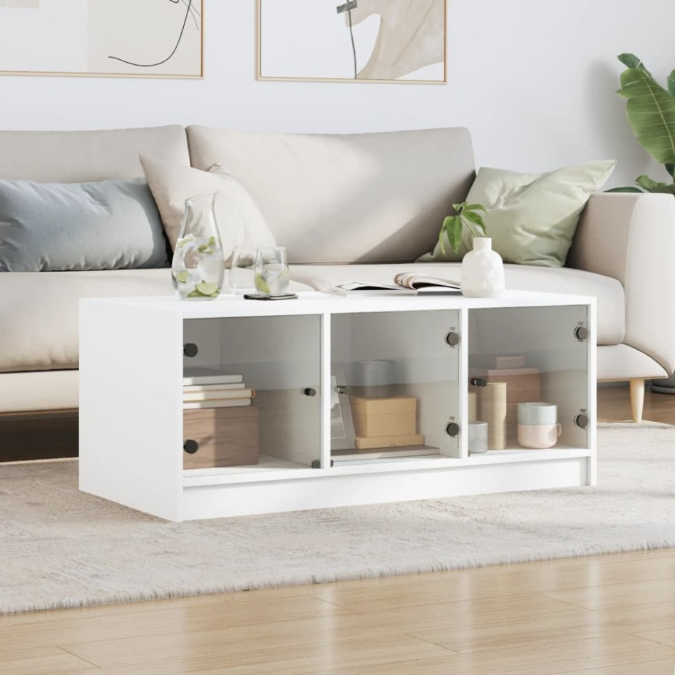 Mesa de centro con puertas de vidrio blanca 102x50x42