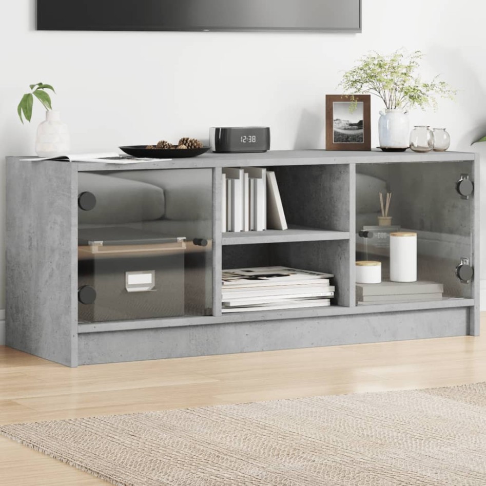 Mueble de TV con puertas de vidrio gris hormigón 102x37x42