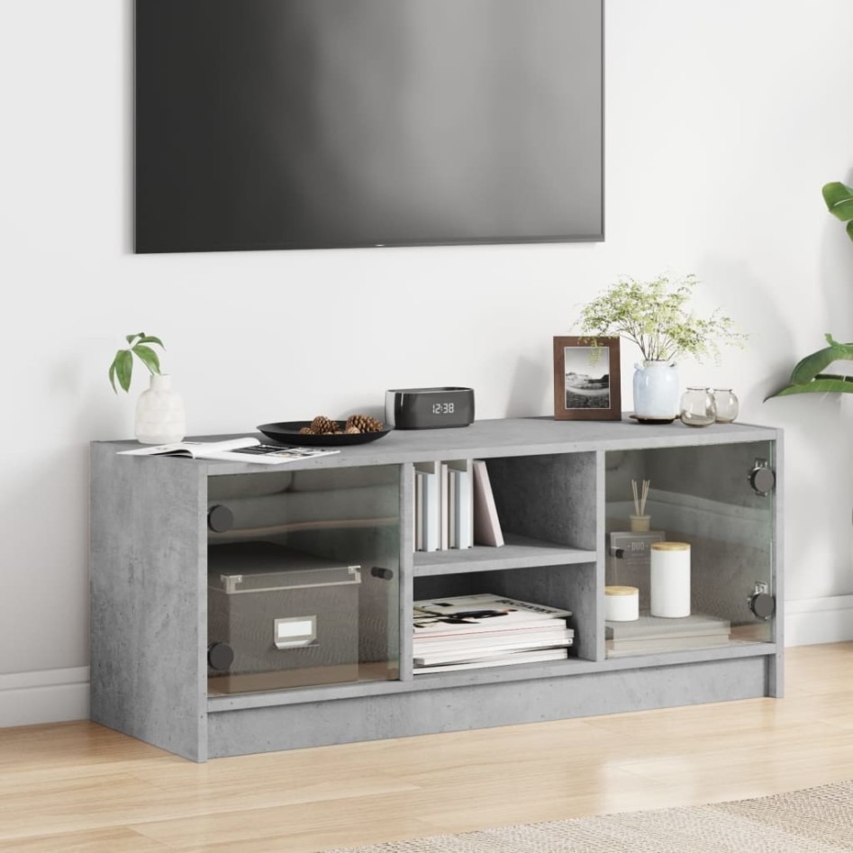 Mueble de TV con puertas de vidrio gris hormigón 102x37x42