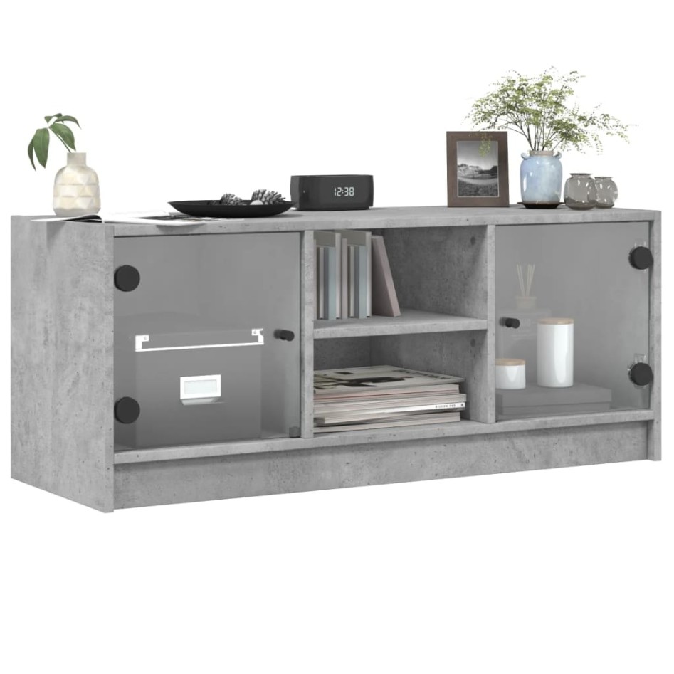 Mueble de TV con puertas de vidrio gris hormigón 102x37x42