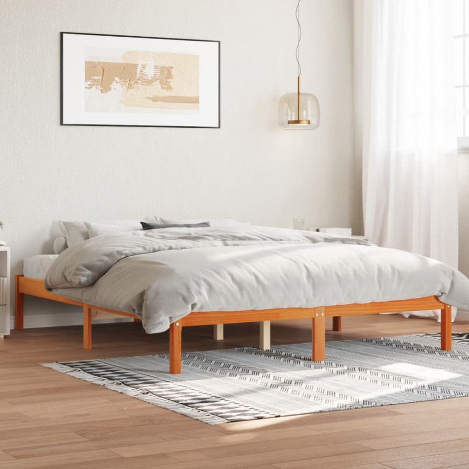 Cama sin colchón madera maciza de pino marrón cera 160x200