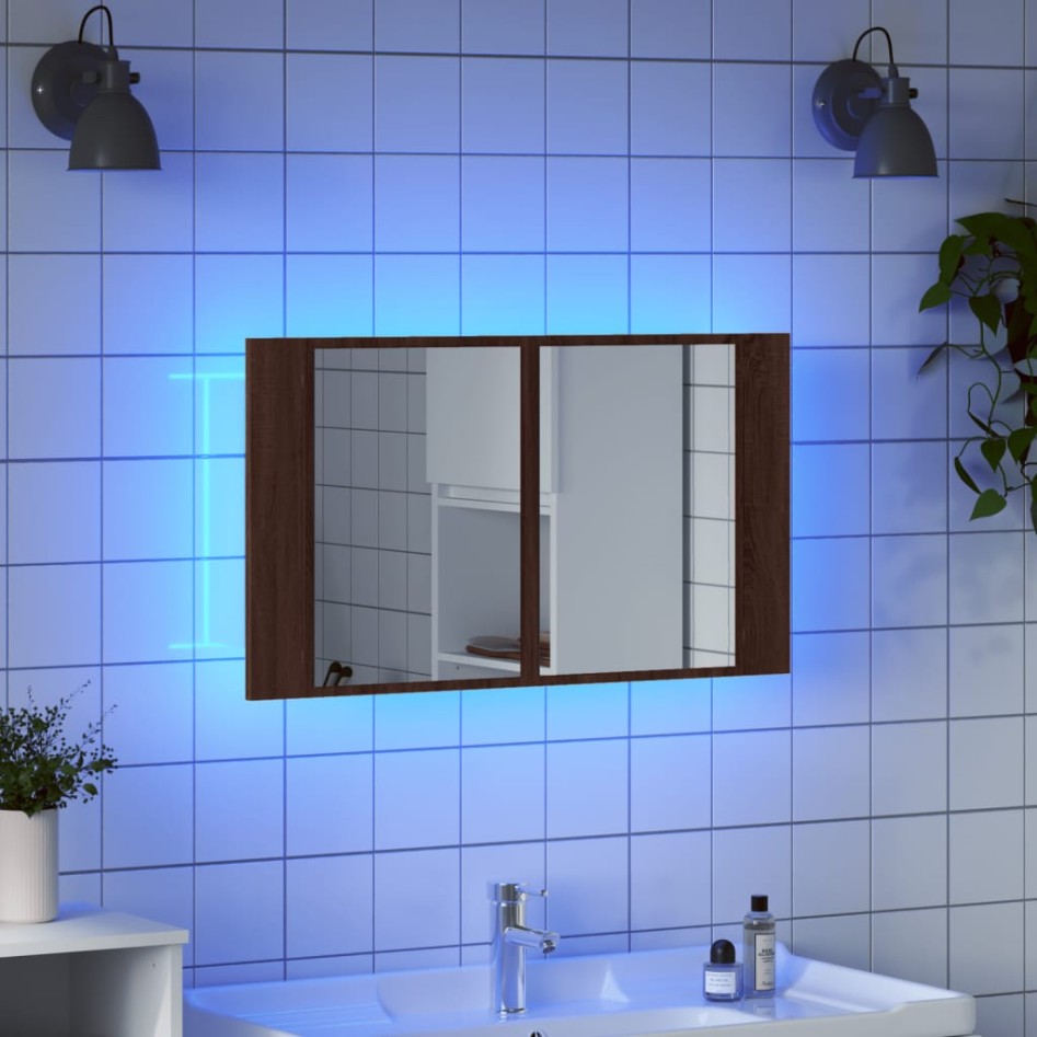 Armario espejo de baño LED acrílico marrón roble 80x12x45