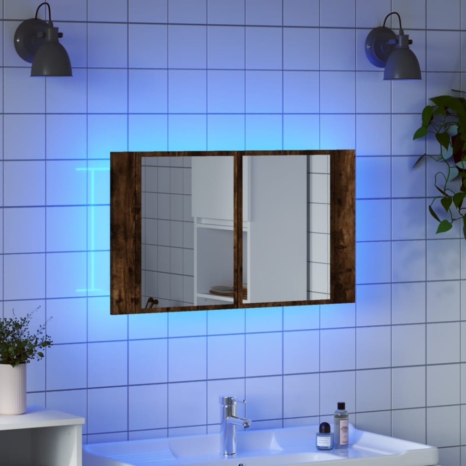 Armario espejo de baño LED acrílico roble ahumado 80x12x45