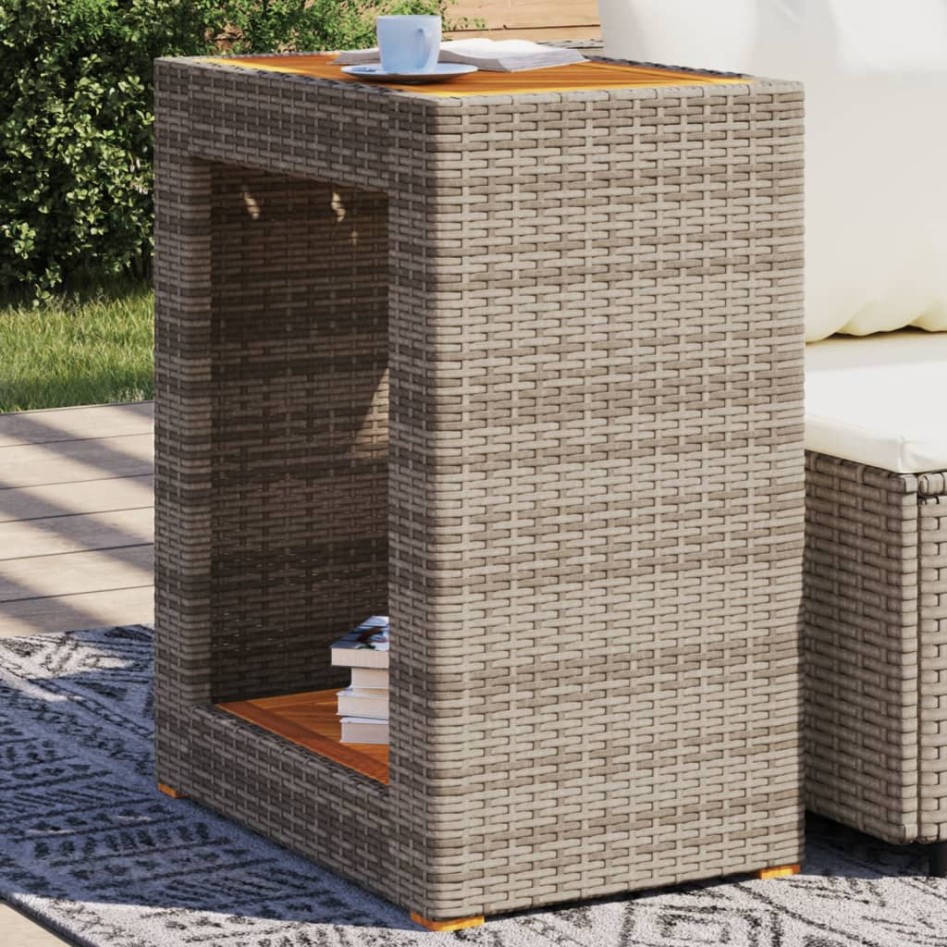 Mesa auxiliar jardín tapa madera ratán PE gris 60x40x75