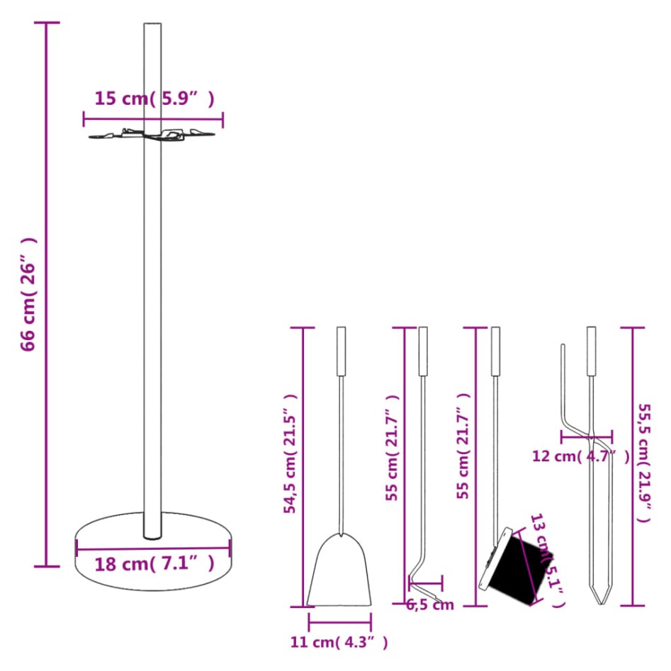 Set de herramientas para chimenea 5 piezas acero 18x66
