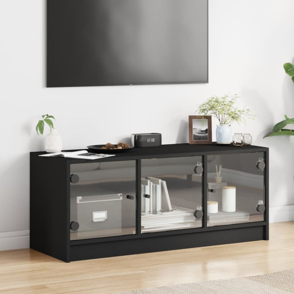 Mueble de TV con puertas de vidrio negro 102x37x42