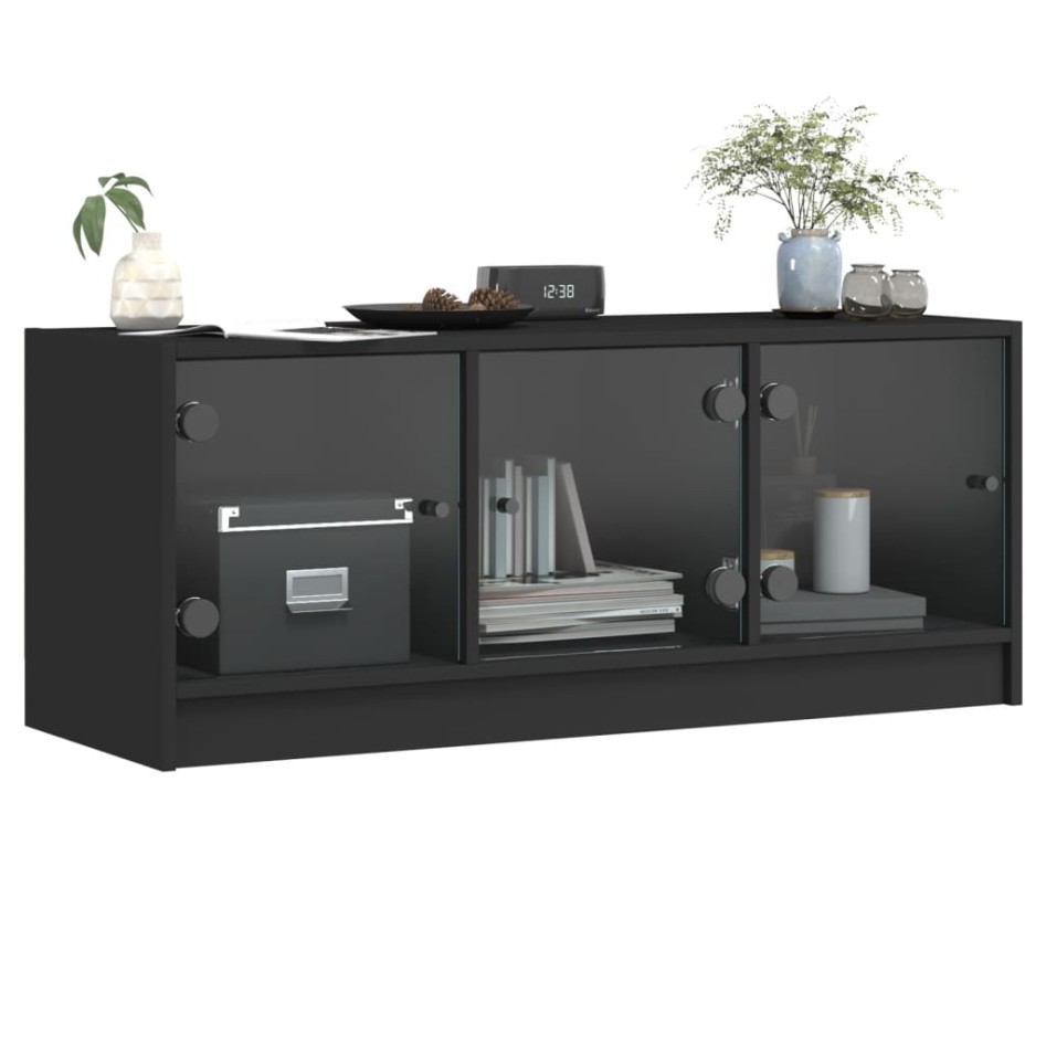 Mueble de TV con puertas de vidrio negro 102x37x42