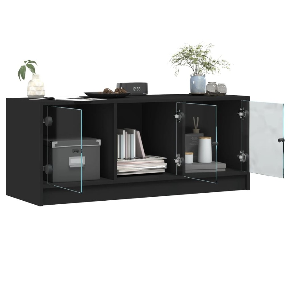 Mueble de TV con puertas de vidrio negro 102x37x42