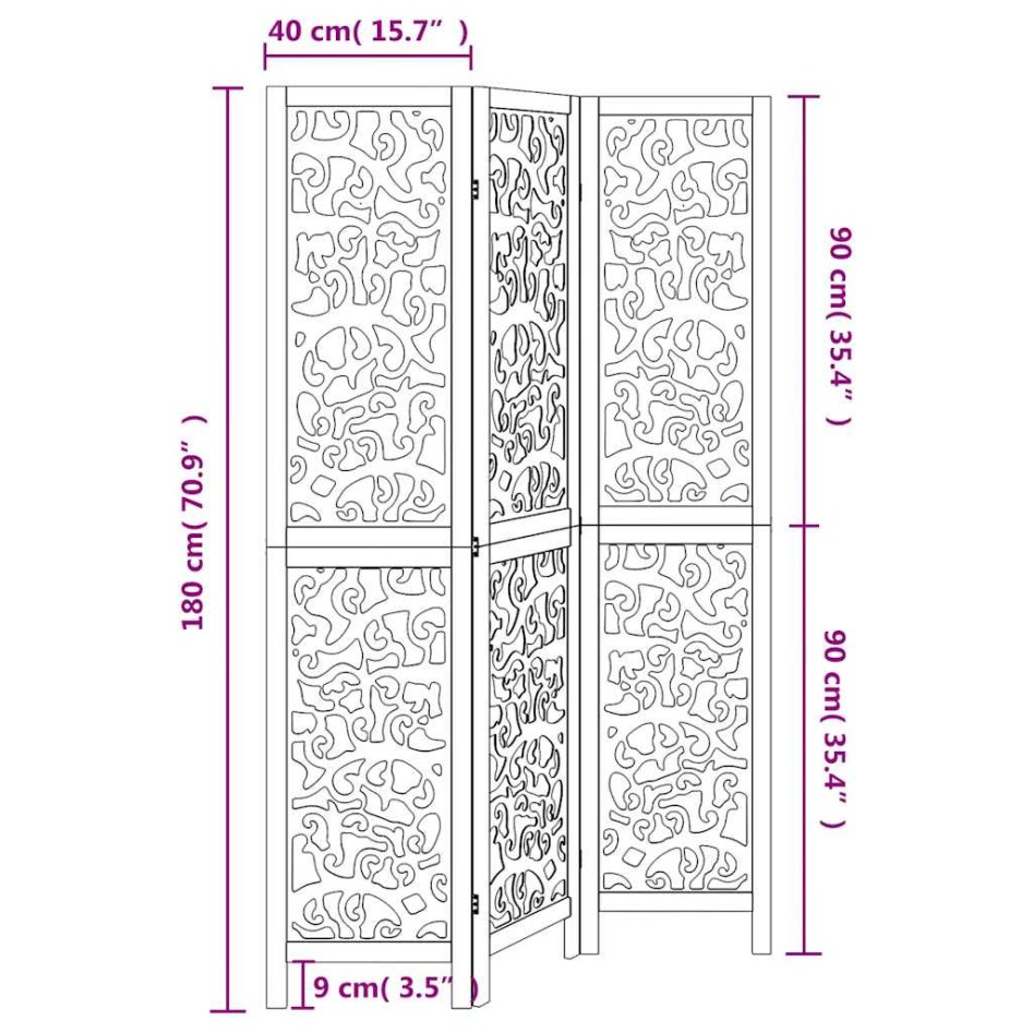 Biombo separador de 3 paneles madera maciza Paulownia