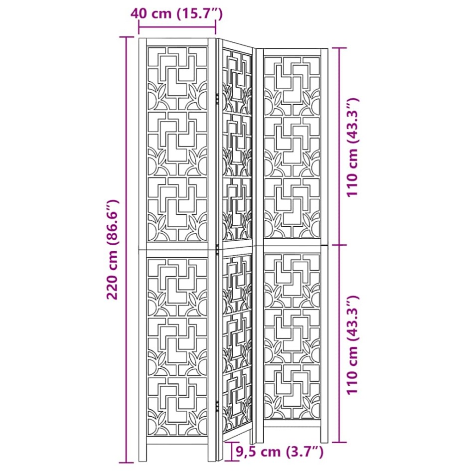 Biombo separador de 3 paneles madera maciza paulownia