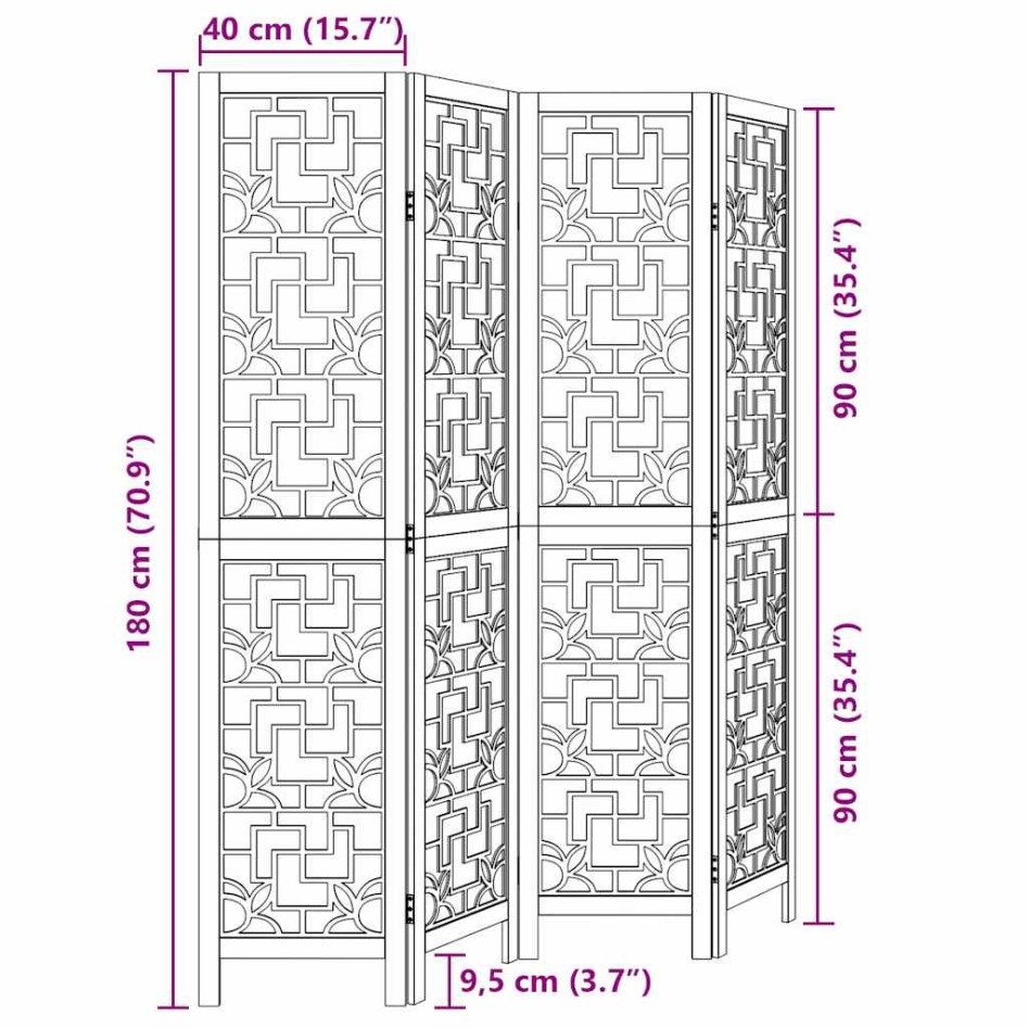 Biombo separador de 4 paneles madera maciza paulownia