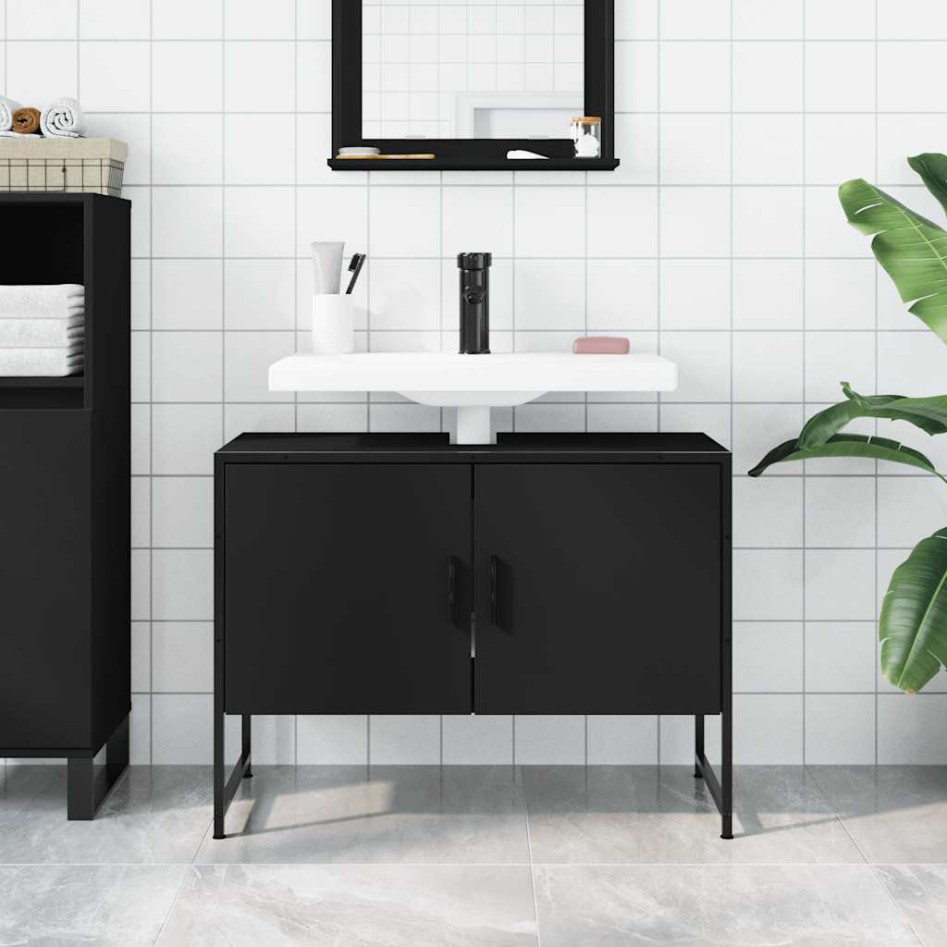 Armario de lavabo de baño madera ingeniería negro 80x33x60